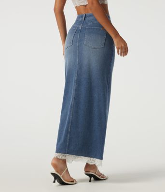 Halara Flex™ High Waisted Contrast Lace Denim Casual Cotton Maxi Pencil Skirt with Pockets