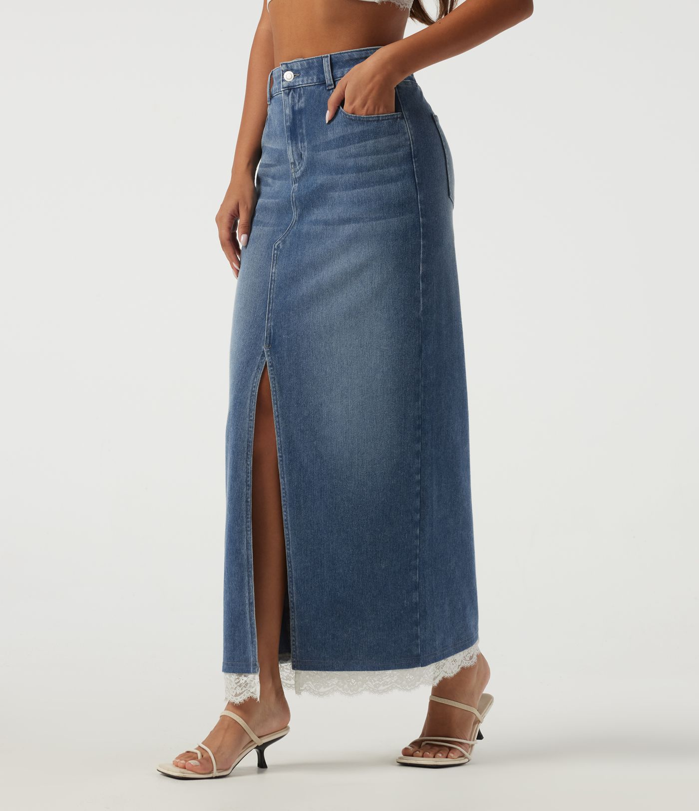 Halara Flex™ High Waisted Contrast Lace Denim Casual Cotton Maxi Pencil Skirt with Pockets
