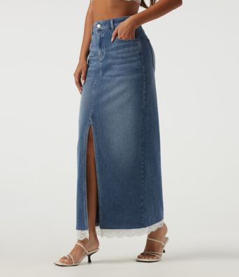 Halara Flex™ High Waisted Contrast Lace Denim Casual Cotton Maxi Pencil Skirt with Pockets