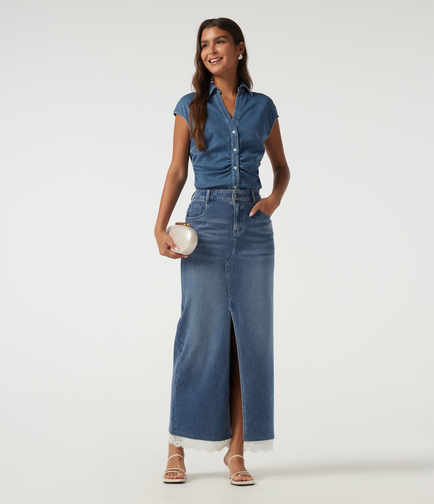 Halara Flex™ High Waisted Contrast Lace Denim Casual Cotton Maxi Pencil Skirt with Pockets