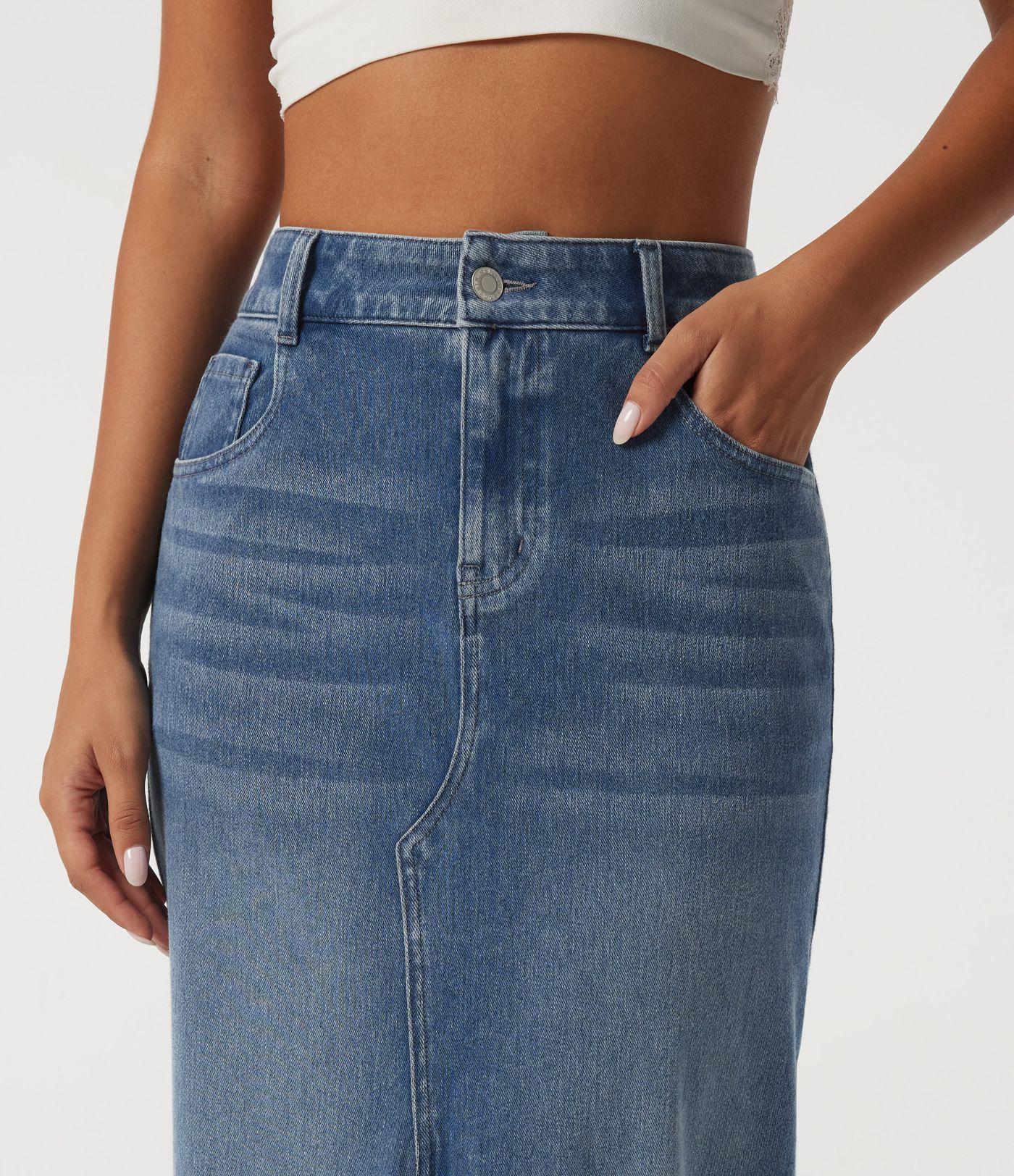 Halara Flex™ High Waisted Contrast Lace Denim Casual Cotton Maxi Pencil Skirt with Pockets