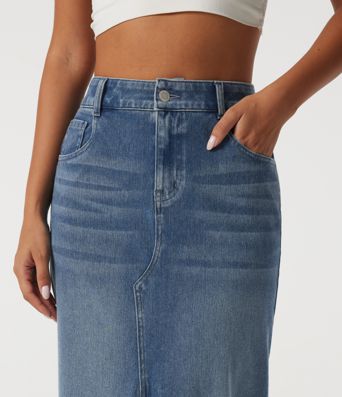 Halara Flex™ High Waisted Contrast Lace Denim Casual Cotton Maxi Pencil Skirt with Pockets