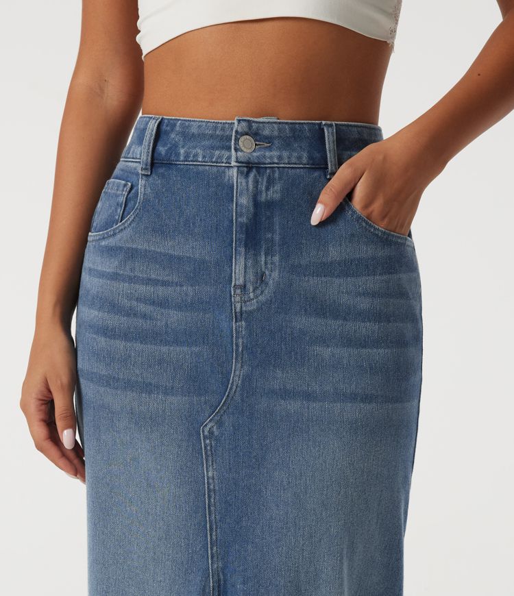 Halara Flex™ High Waisted Contrast Lace Denim Casual Cotton Maxi Pencil Skirt with Pockets