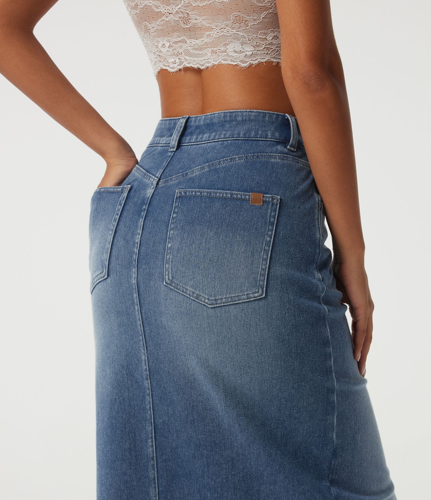 Halara Flex™ High Waisted Contrast Lace Denim Casual Cotton Maxi Pencil Skirt with Pockets