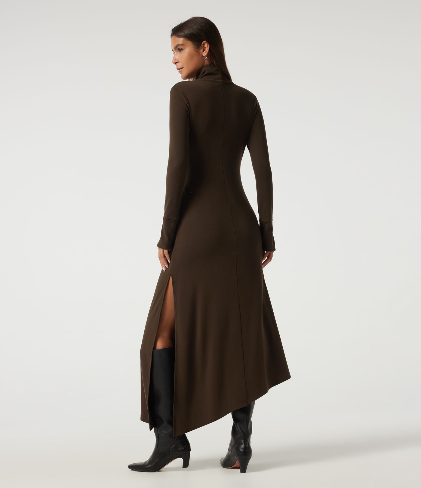 High Neck Long Sleeve Asymmetric Thermal Casual Bodycon Midi Dress
