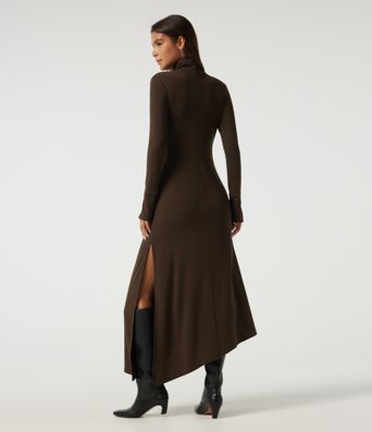 High Neck Long Sleeve Asymmetric Thermal Casual Bodycon Midi Dress