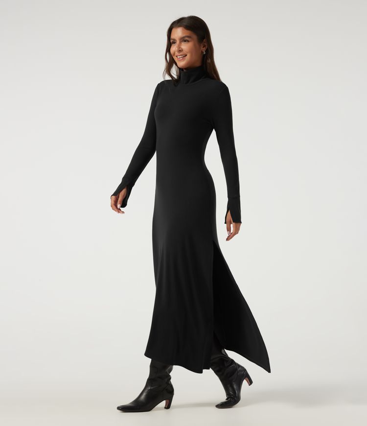 High Neck Long Sleeve Asymmetric Thermal Casual Bodycon Midi Dress
