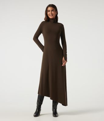 High Neck Long Sleeve Asymmetric Thermal Casual Bodycon Midi Dress