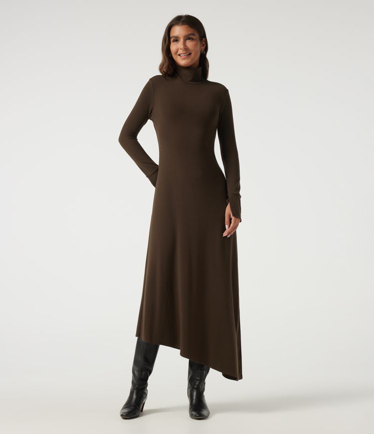 High Neck Long Sleeve Asymmetric Thermal Casual Bodycon Midi Dress