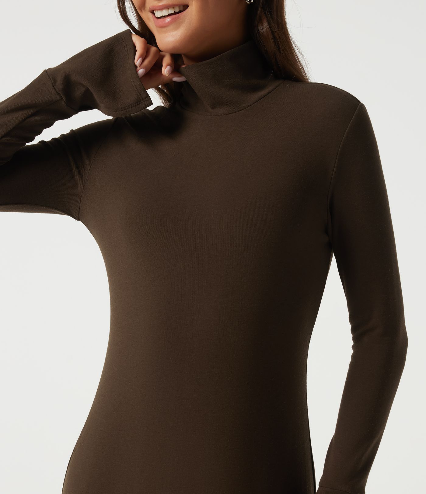 High Neck Long Sleeve Asymmetric Thermal Casual Bodycon Midi Dress