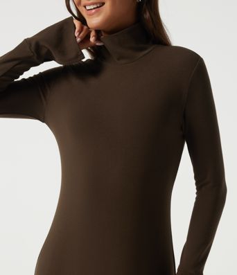 High Neck Long Sleeve Asymmetric Thermal Casual Bodycon Midi Dress