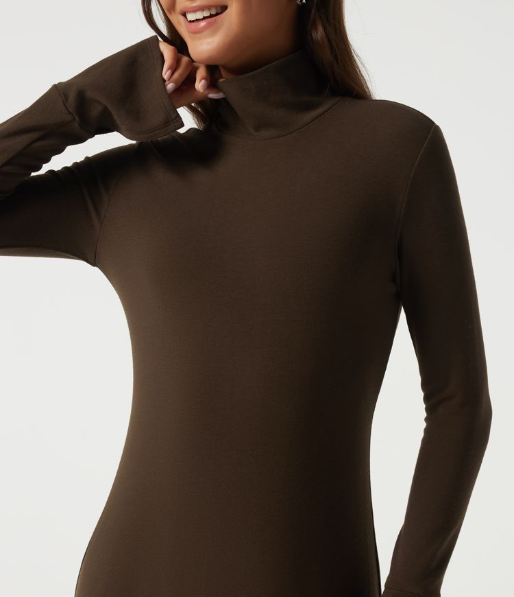 High Neck Long Sleeve Asymmetric Thermal Casual Bodycon Midi Dress