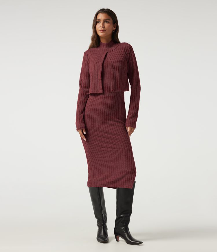 Zweiteiliges, figurbetontes Midikleid mit Stehkragen und langen Ärmeln für das Büro