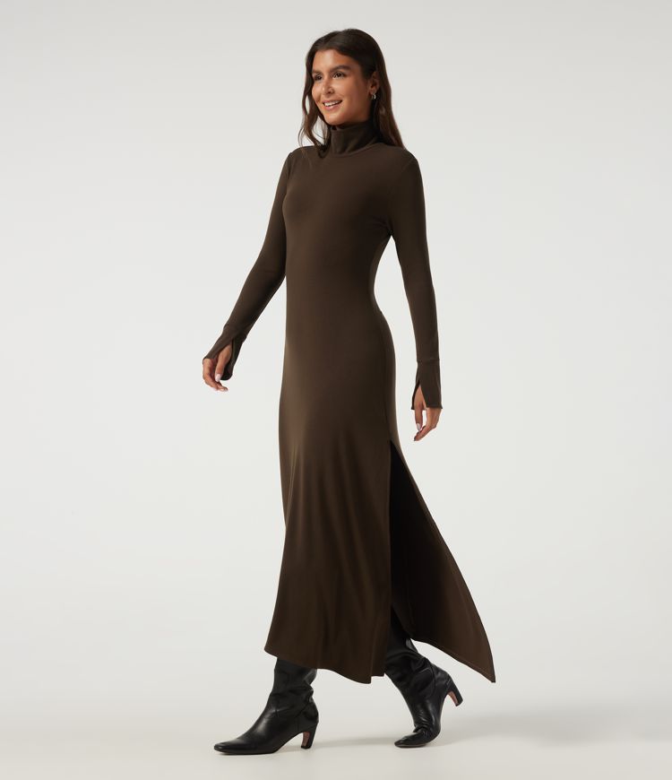 High Neck Long Sleeve Asymmetric Thermal Casual Bodycon Midi Dress