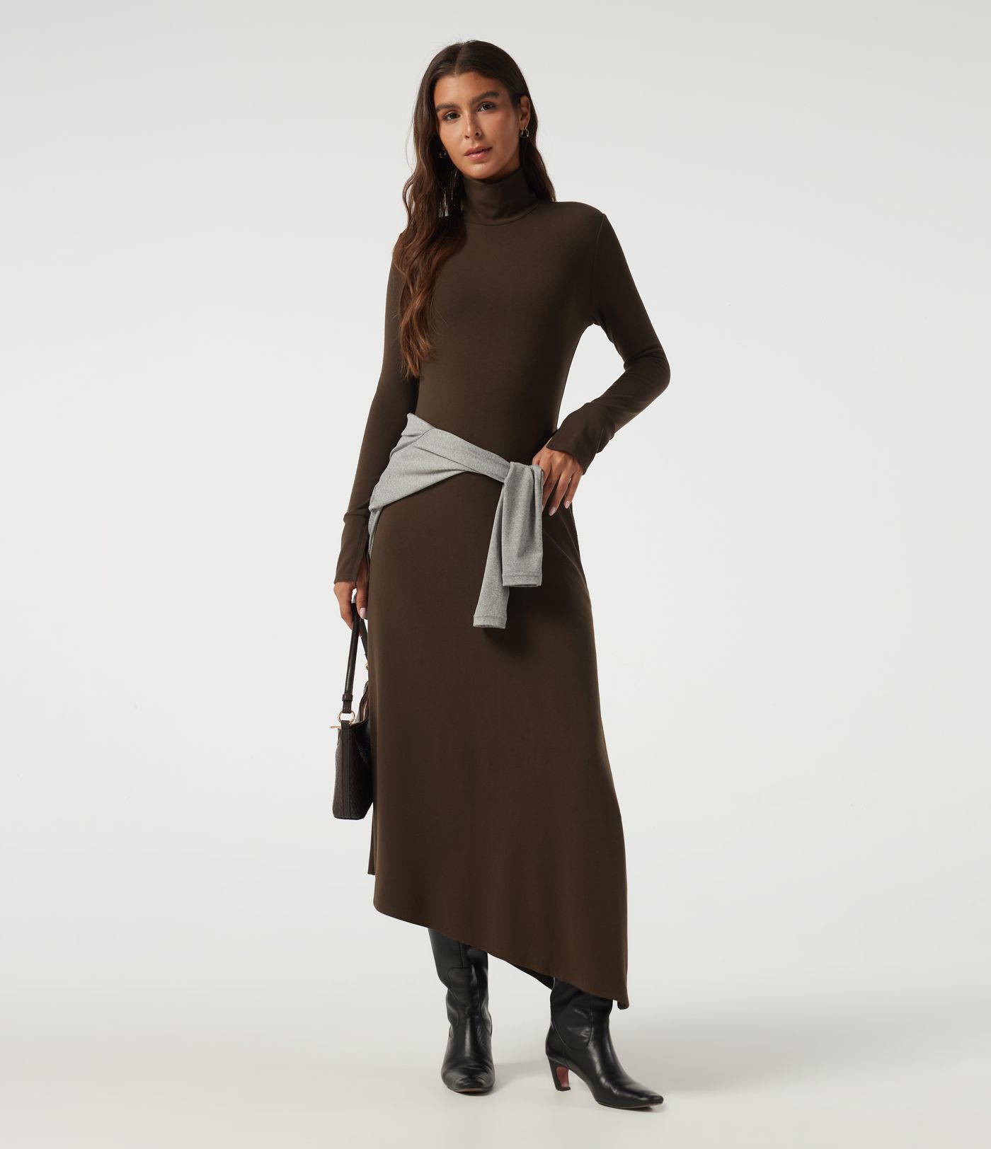 High Neck Long Sleeve Asymmetric Thermal Casual Bodycon Midi Dress