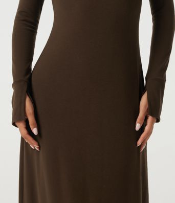 High Neck Long Sleeve Asymmetric Thermal Casual Bodycon Midi Dress