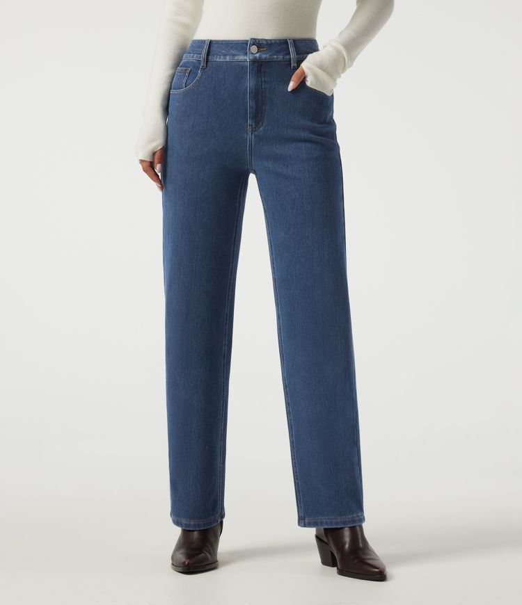 High Waisted Straight Leg Casual Cotton Jeans with Pockets