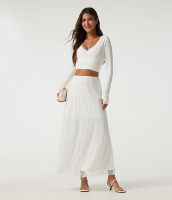 High Waisted A Line Contrast Mesh Midi Casual Skirt