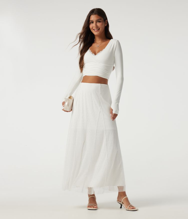 High Waisted A Line Contrast Mesh Midi Casual Skirt
