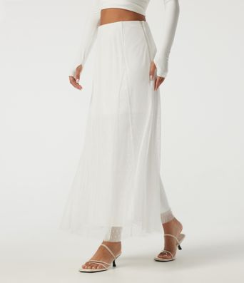 High Waisted A Line Contrast Mesh Midi Casual Skirt