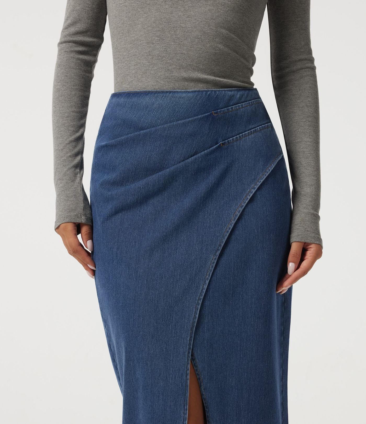 Jupe midi crayon en jean Halara Flex™ taille haute plissée en coton