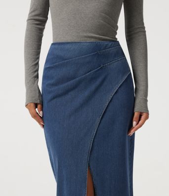 Jupe midi crayon en jean Halara Flex™ taille haute plissée en coton