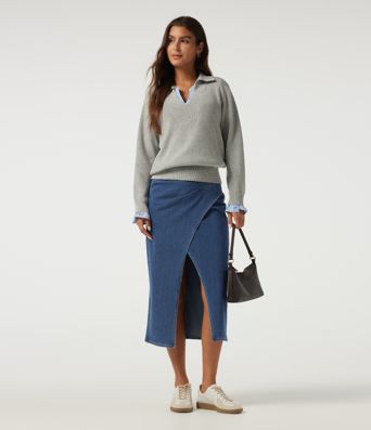 Jupe midi crayon en jean Halara Flex™ taille haute plissée en coton