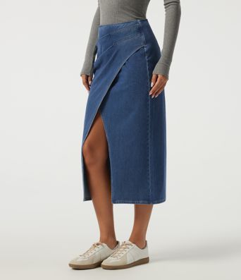 Jupe midi crayon en jean Halara Flex™ taille haute plissée en coton