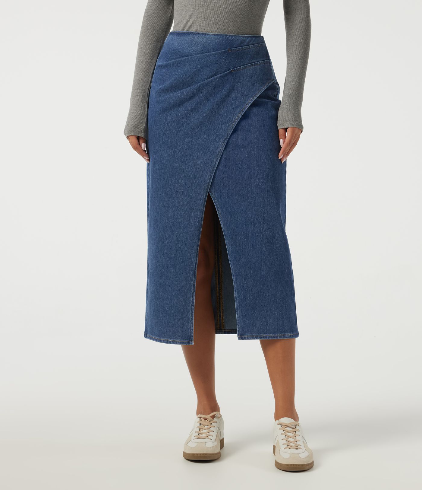 Jupe midi crayon en jean Halara Flex™ taille haute plissée en coton