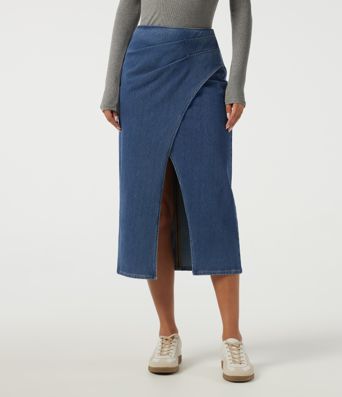 Jupe midi crayon en jean Halara Flex™ taille haute plissée en coton