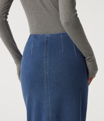 Jupe midi crayon en jean Halara Flex™ taille haute plissée en coton