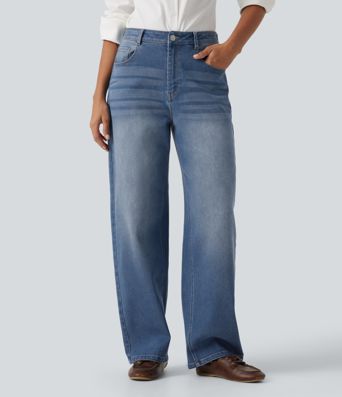 Mid Rise Barrel Leg Casual Jeans with Pockets