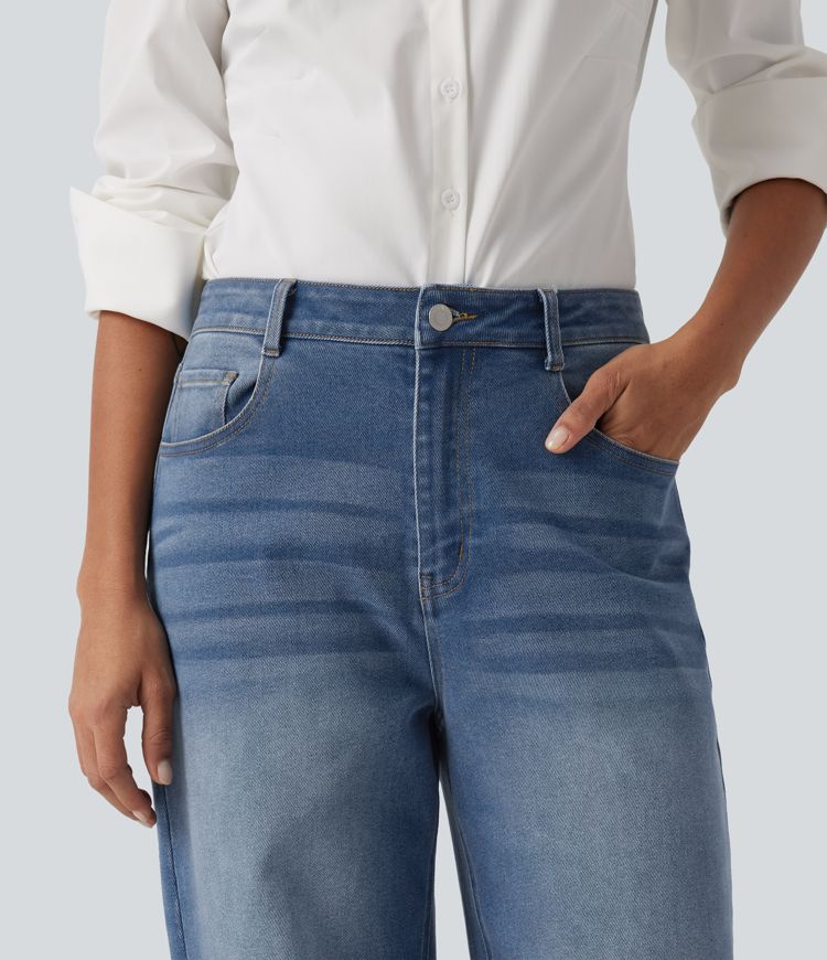 Mid Rise Barrel Leg Casual Jeans with Pockets