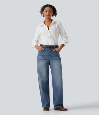Mid Rise Barrel Leg Casual Jeans with Pockets