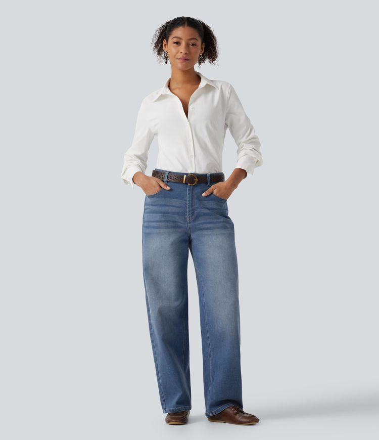 Mid Rise Barrel Leg Casual Jeans with Pockets