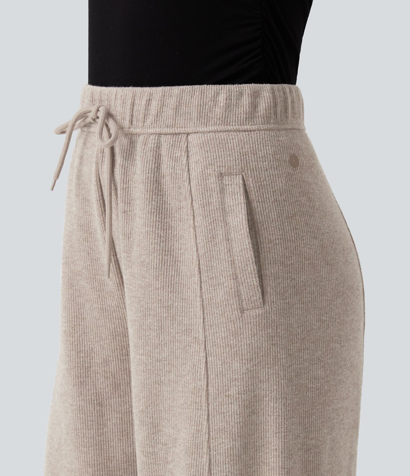 Ribbed Knit High Waisted Drawstring Wide Leg Casual Pants with Pockets