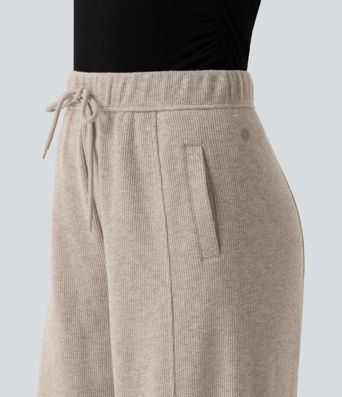 Ribbed Knit High Waisted Drawstring Wide Leg Casual Pants with Pockets