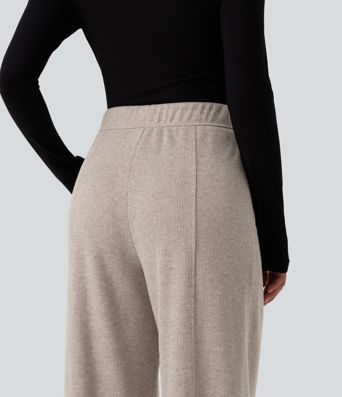 Ribbed Knit High Waisted Drawstring Wide Leg Casual Pants with Pockets