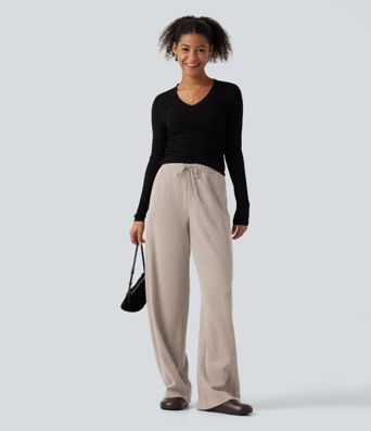 Ribbed Knit High Waisted Drawstring Wide Leg Casual Pants with Pockets