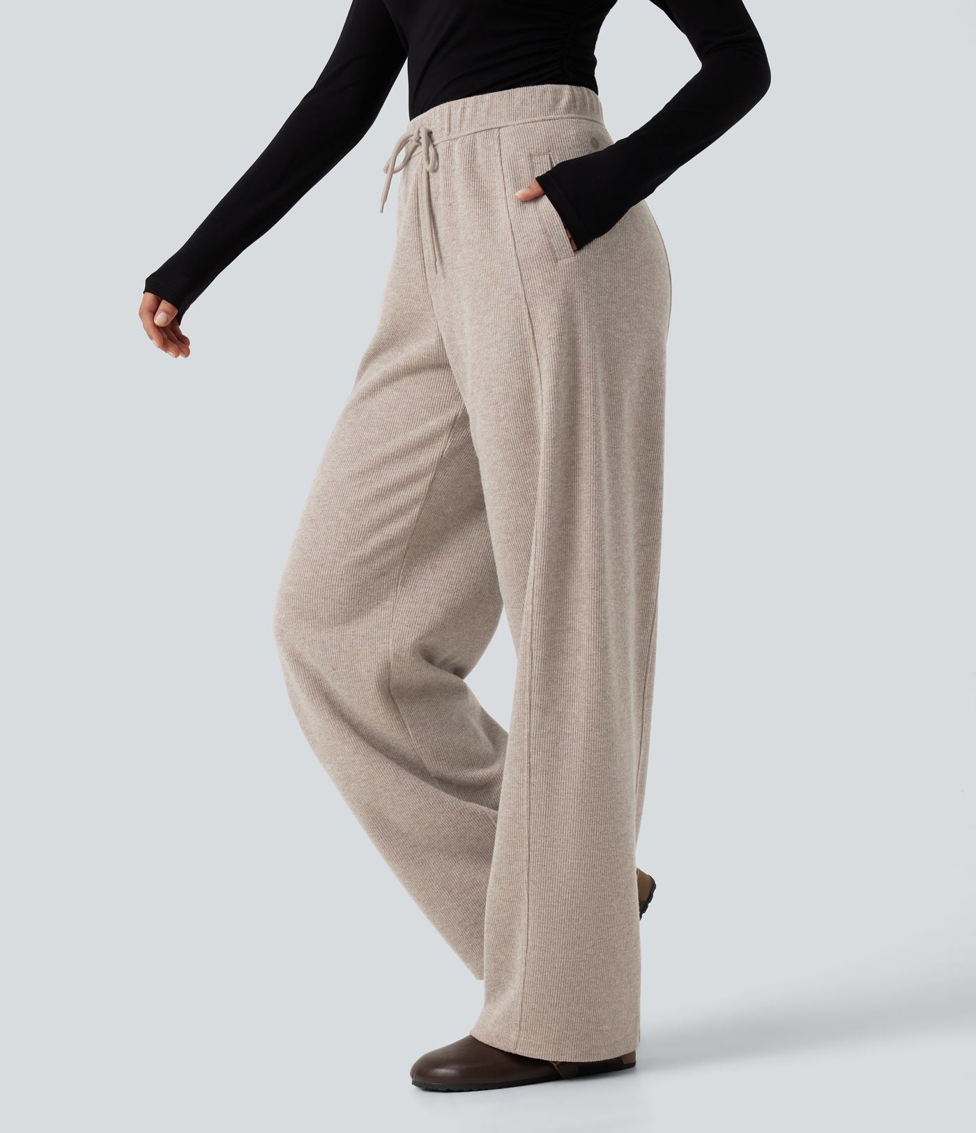 Ribbed Knit High Waisted Drawstring Wide Leg Casual Pants with Pockets