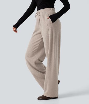 Ribbed Knit High Waisted Drawstring Wide Leg Casual Pants with Pockets