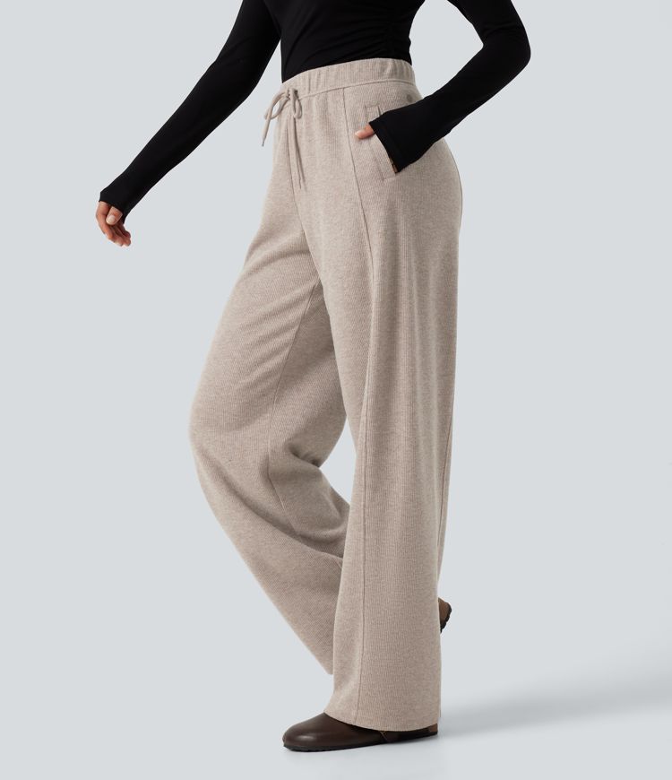 Ribbed Knit High Waisted Drawstring Wide Leg Casual Pants with Pockets