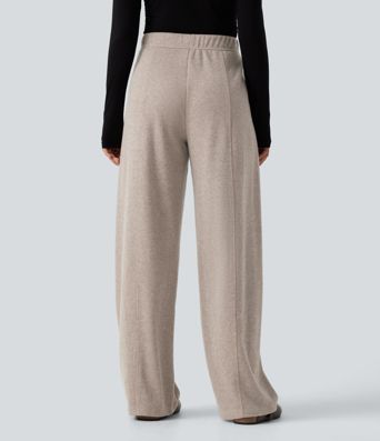 Ribbed Knit High Waisted Drawstring Wide Leg Casual Pants with Pockets