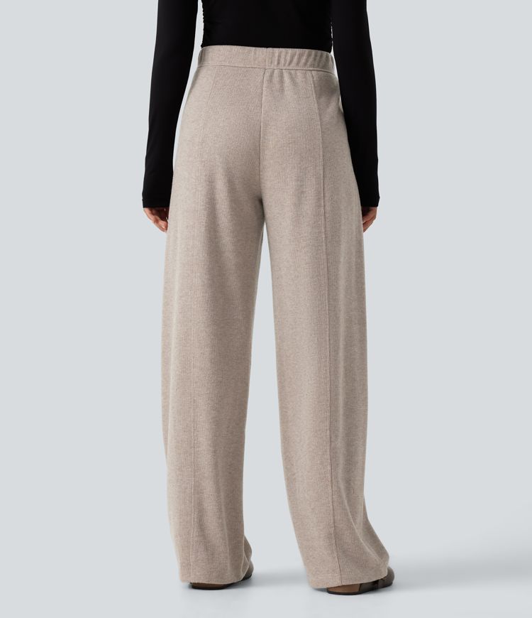 Ribbed Knit High Waisted Drawstring Wide Leg Casual Pants with Pockets