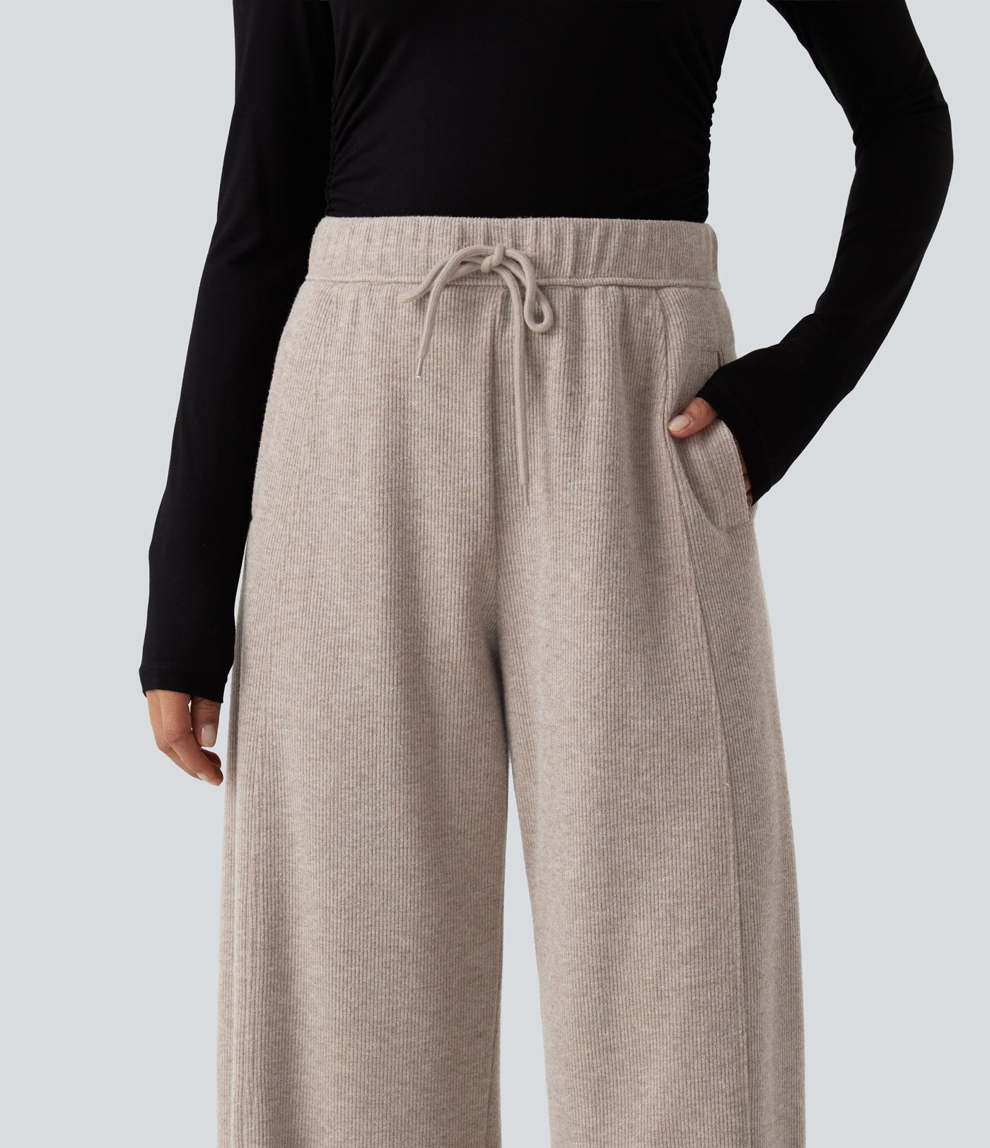 Ribbed Knit High Waisted Drawstring Wide Leg Casual Pants with Pockets