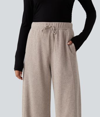 Ribbed Knit High Waisted Drawstring Wide Leg Casual Pants with Pockets