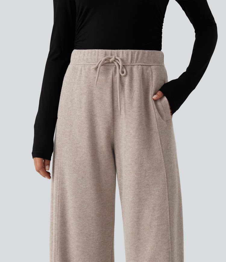 Ribbed Knit High Waisted Drawstring Wide Leg Casual Pants with Pockets