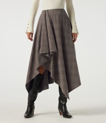 Lässiger Midirock in A-Linie mit hohem Bund, Seitentaschen, Karomuster und asymmetrischem Design Lässiger Midirock in A-Linie mit hohem Bund, Seitentaschen, Karomuster und asymmetrischem Design