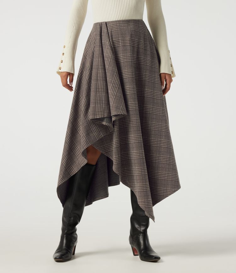 Lässiger Midirock in A-Linie mit hohem Bund, Seitentaschen, Karomuster und asymmetrischem Design Lässiger Midirock in A-Linie mit hohem Bund, Seitentaschen, Karomuster und asymmetrischem Design