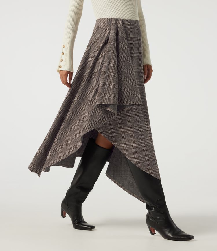 Lässiger Midirock in A-Linie mit hohem Bund, Seitentaschen, Karomuster und asymmetrischem Design Lässiger Midirock in A-Linie mit hohem Bund, Seitentaschen, Karomuster und asymmetrischem Design